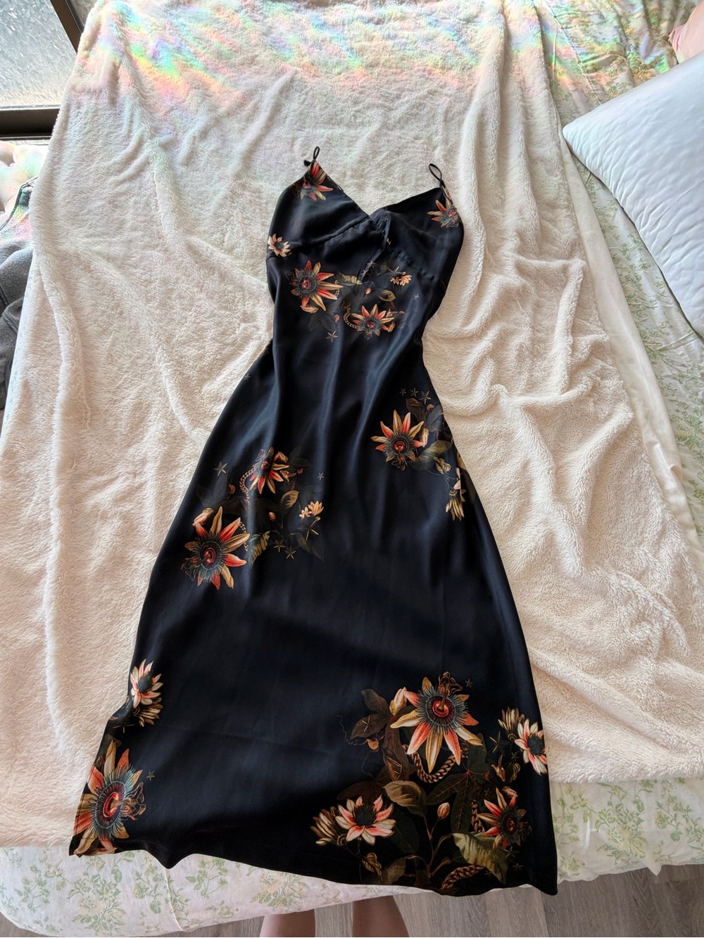 All Saints Black Slip Dress with Orange Floral Sunflower Print - Picture 3 of 4